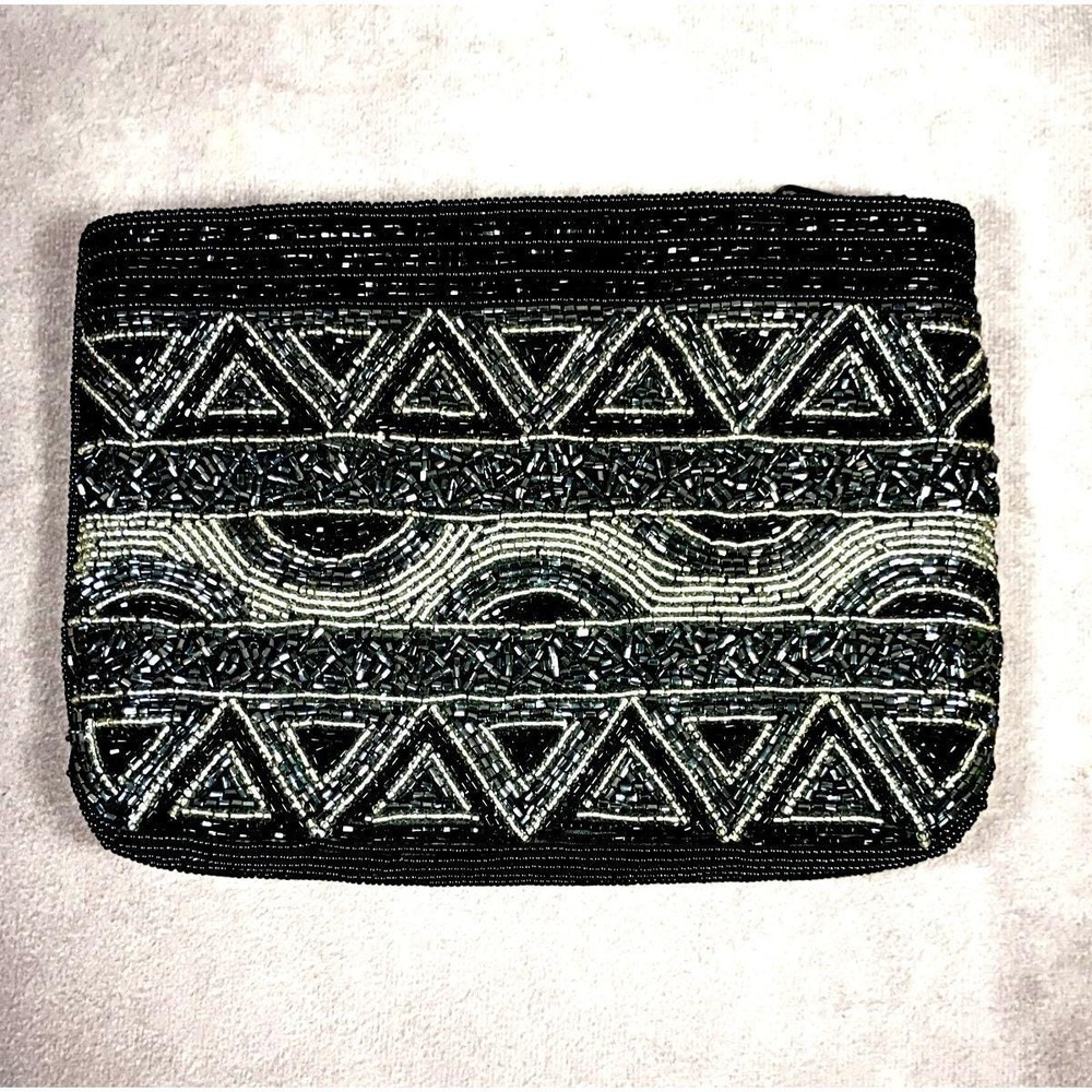 Vintage DELILL Beaded Evening Clutch Purse Bag Black Silver Excellent Condition‎